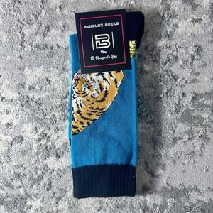 Bundlez Socks Tiger Graphic Blue Crew Socks Adult Size Cotton Blend NWT